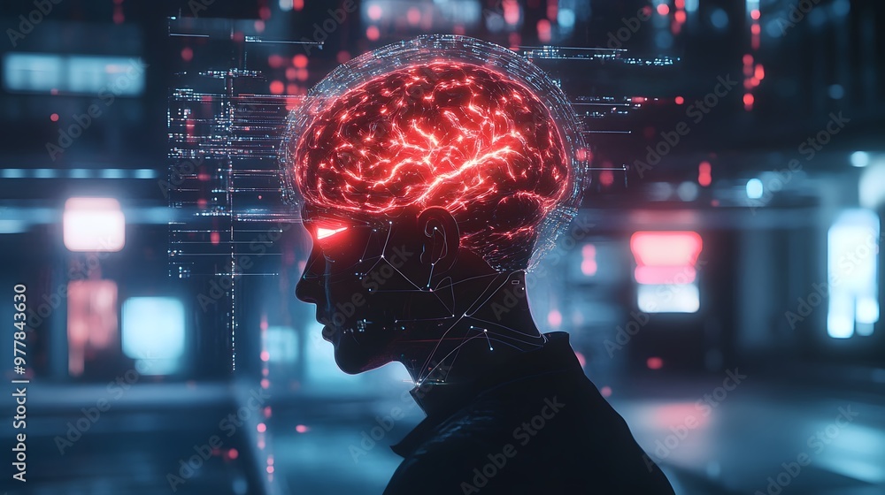 Poster a person connected to a neural interface with a glowing digital brain, controlling technology with t