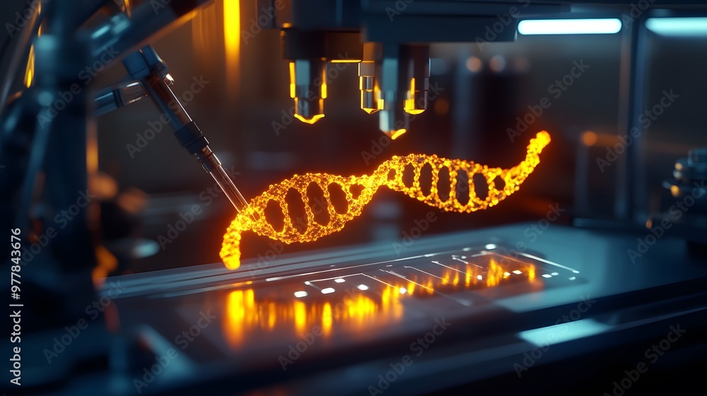 Poster a glowing dna strand being precisely edited by futuristic tools in a lab, representing the future of