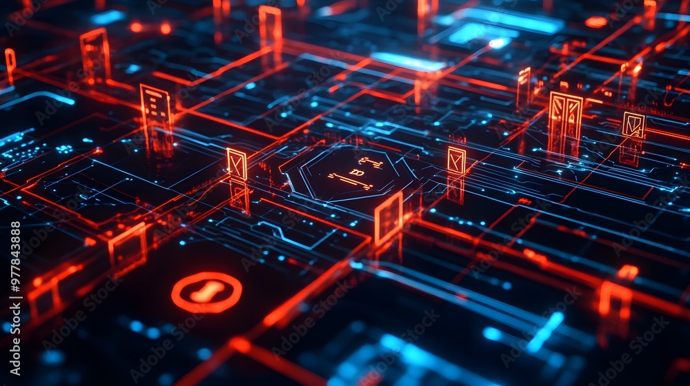 Poster a glowing decentralized financial network, with blockchain nodes and digital currency flowing throug