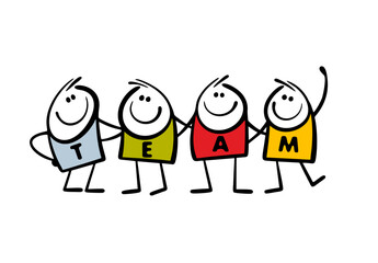Doodle group of people, a dream team, go together to achieve their goal of business success. Vector illustration of a lot of men with letters hugging. Isolated caricature comics characters on white.