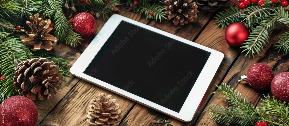 Poster festive christmas decorations with a white tablet on a wooden table blank close up screen happy new 