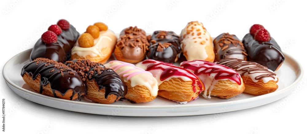 Poster plate with assorted glazed eclairs set against a white background. copy space image. place for addin