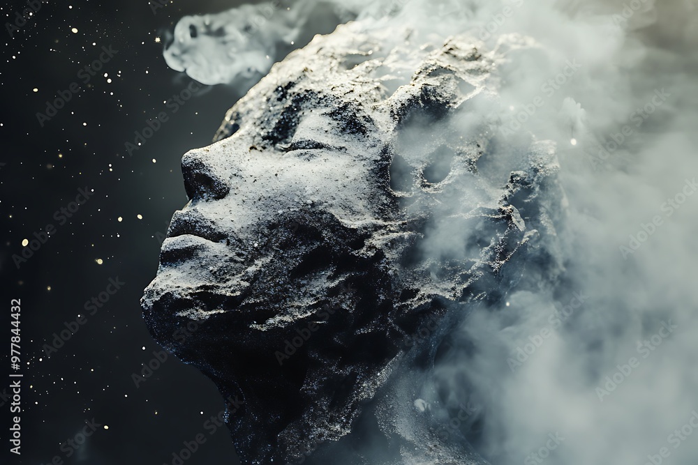 Poster Abstract face made of stone and smoke with starry background, surreal, ethereal, and cosmic