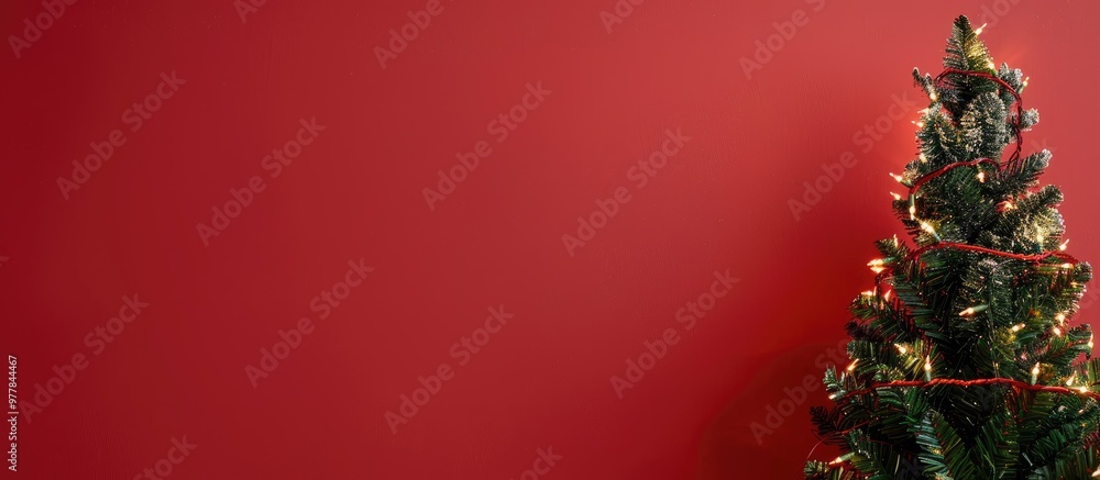 Poster christmas decoration featuring a wooden christmas tree against a red background with lights. copy sp