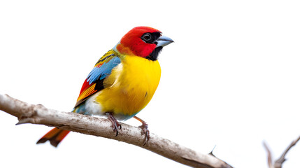 Fototapeta premium A colorful tanager perched on a branch on a white background with copy space, bright feathers shining