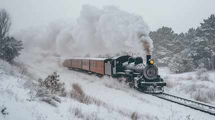 A vintage steam train chugs through a snowy landscape, billowing smoke.