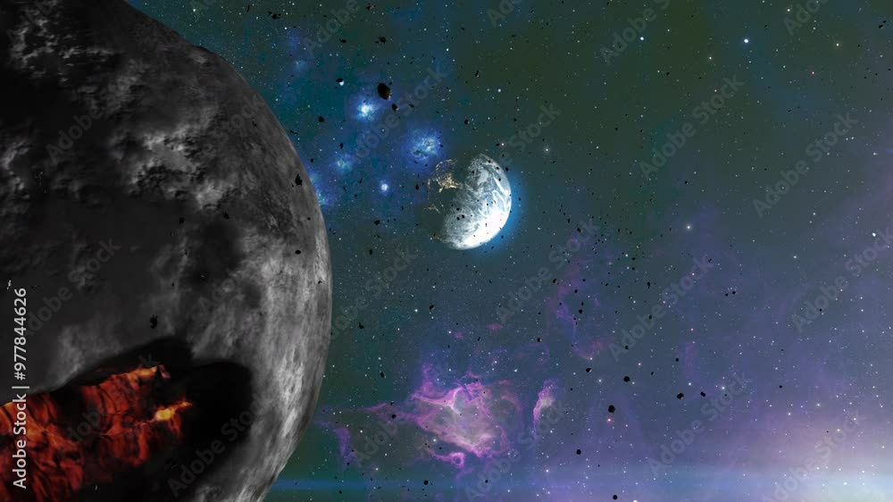 Wall mural giant hot rock asteroid close to earth with small rocks 3d rendering of planet earth with potential 