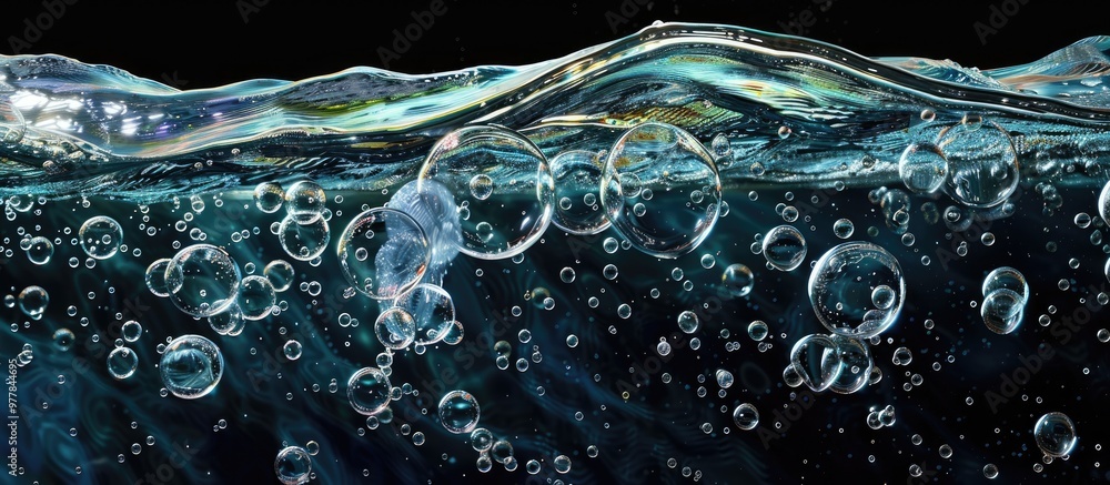 Poster bubbles rising to the surface seen from underwater. copy space image. place for adding text and desi