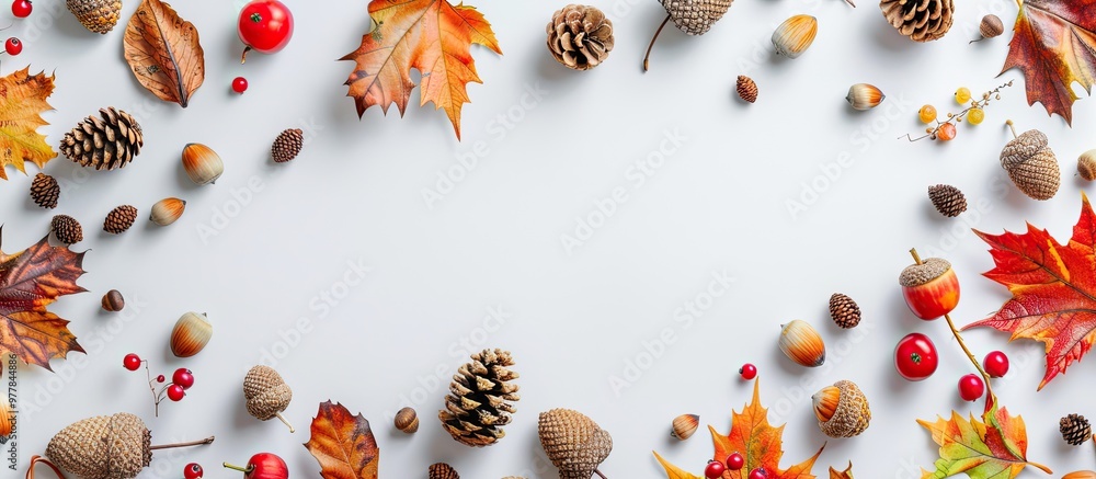 Wall mural Autumn arrangement Cones acorns berries and leaves on a white background Flat lay top view copy space