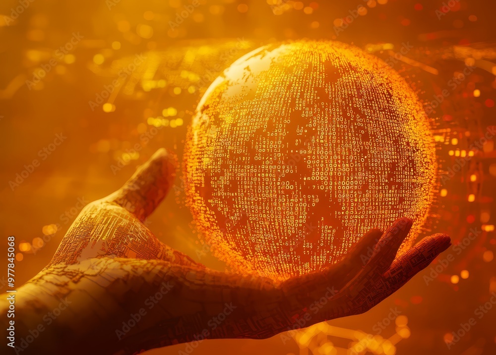 Aufkleber a hand holds a glowing globe of binary code against a vibrant orange background, illustrating global