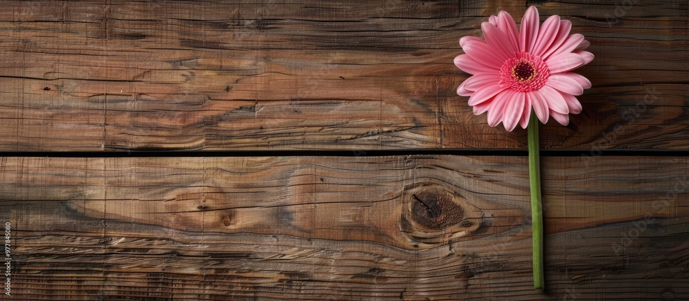 Canvas Prints Single pink flower on a wooden background. Copy space image. Place for adding text and design