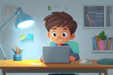 Cute cartoon child using laptop