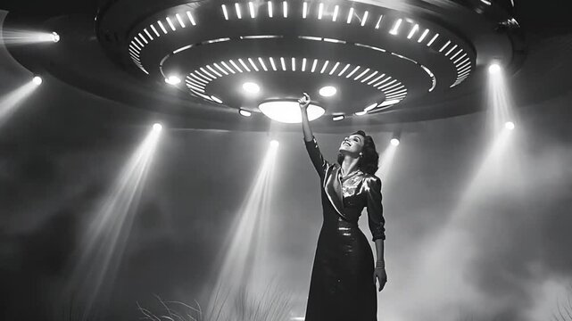 Black and white clip of a woman standing under a hovering UFO