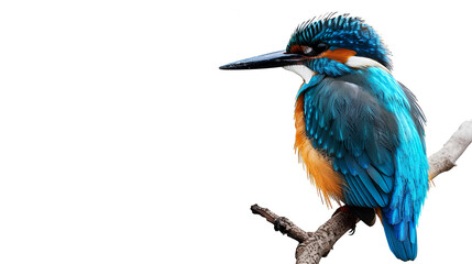 Obraz premium A curious kingfisher perched on a twig on a white background with copy space, vibrant blue feathers