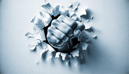 A photorealistic image of a white fist breaking through a textured surface, symbolizing strength and determination