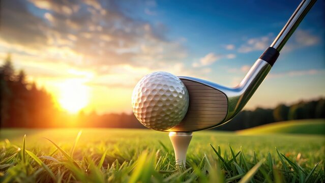 Side view of golf club with golf ball on tee, ready for a tee off