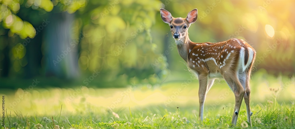 Aufkleber a deer on green grass with a blurred background. copy space image. place for adding text and design