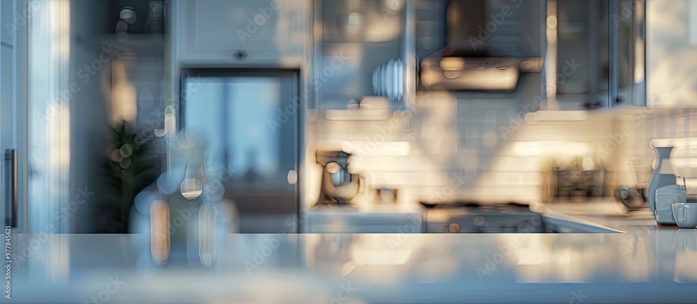 Poster abstract blurred image of a kitchen with soft lighting for background use blurred interior backgroun