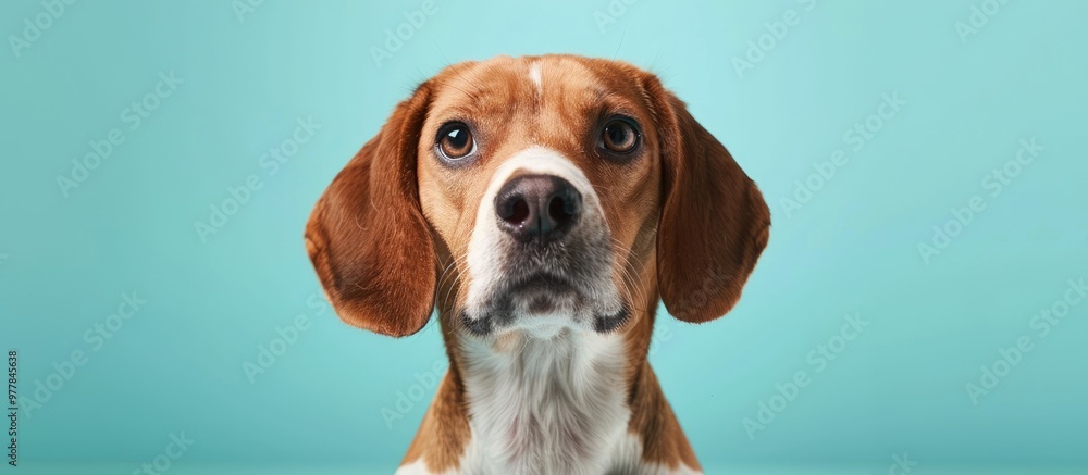 Poster Studio portrait of a beagle set against a light blue background. Copy space image. Place for adding text and design