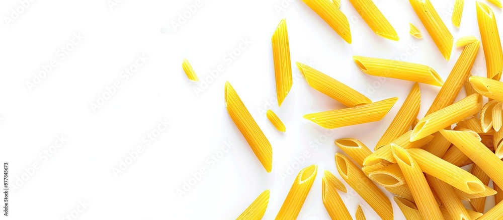 Poster top view of dry penne pasta isolated on white. copy space image. place for adding text and design