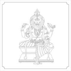 Indian God NARASIMHAVATARA Isolated Outline Vector Illustration