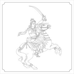 Indian God KALKIAVATARA Isolated Outline Vector Illustration