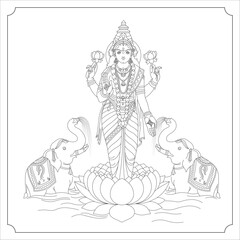 Indian Goddess LAKSMI Isolated Outline Vector Illustration