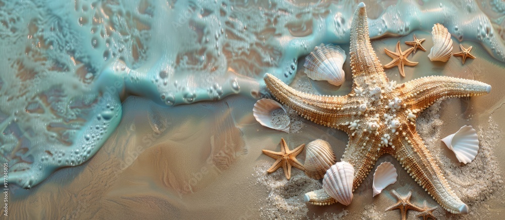 Poster sea star with seashells on sand. copy space image. place for adding text and design