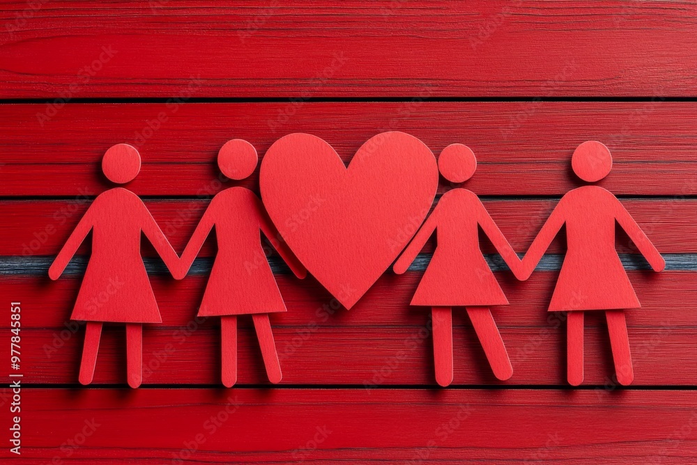 Poster red paper heart surrounded by figures on a wooden background symbolizing unity love and emotional co
