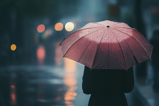 Parasol - postać pod mokrym parasolem w deszczowy dzień.