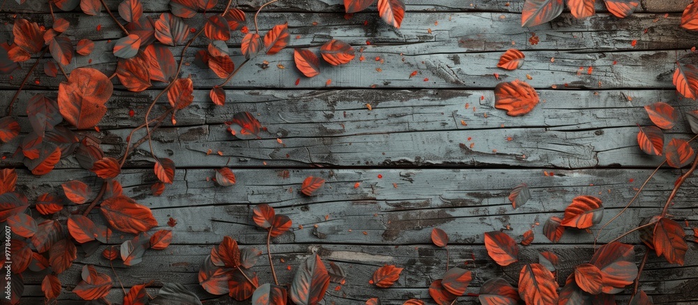 Poster autumn foliage on a weathered wooden surface. copy space image. place for adding text and design