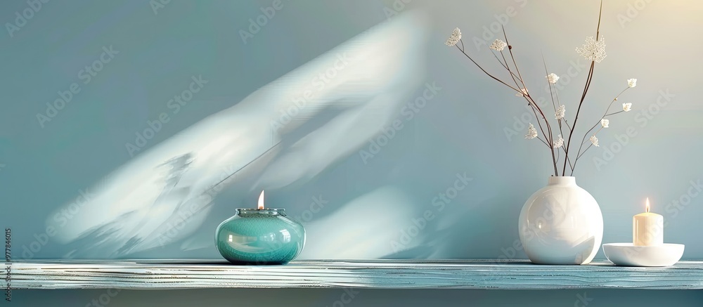 Poster arrangement with an aroma lamp on a blue wooden table set against a light grey backdrop with space f
