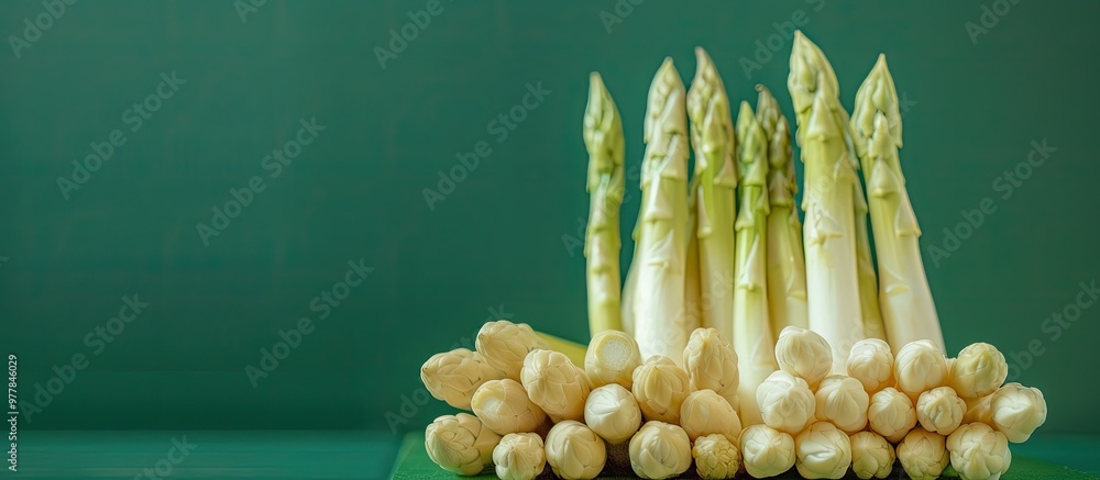 Poster white and green fresh asparagus on a green table seen up close various types of german green and whi