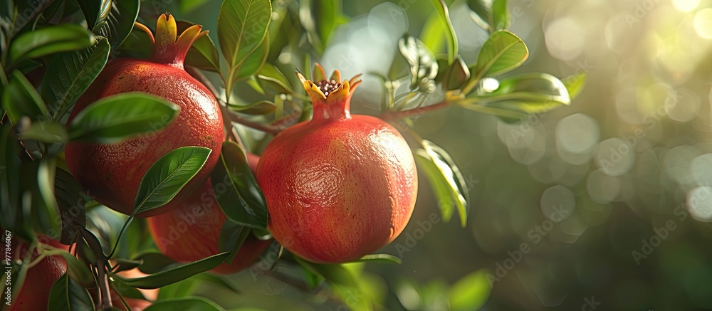 Wall mural Close up of fresh pomegranate fruits on a branch of a bush. Copy space image. Place for adding text and design