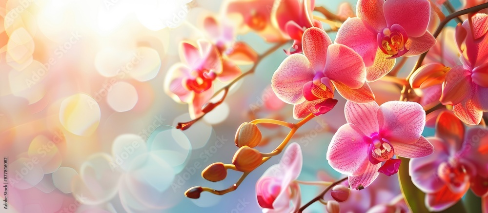 Poster lovely orchid flowers and leaves on a colorful background. copy space image. place for adding text a