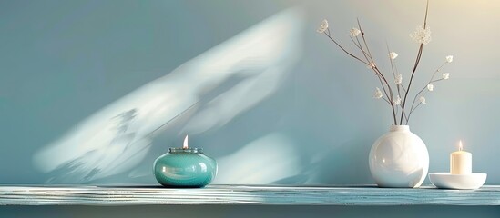 Arrangement with an aroma lamp on a blue wooden table set against a light grey backdrop with space for text. Copy space image. Place for adding text and design