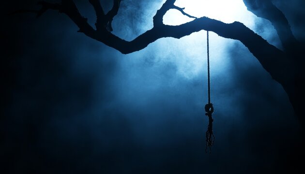 Eerie night scene featuring a noose on a gnarled tree against a dark, smoky horror backdrop