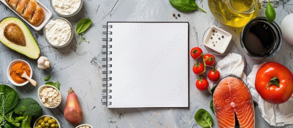 Aufkleber blank notepad and healthy foods top view flat lay. copy space image. place for adding text and desig