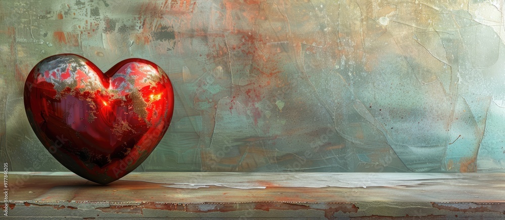 Poster red metallic heart set against a softly romantic faded background. copy space image. place for addin