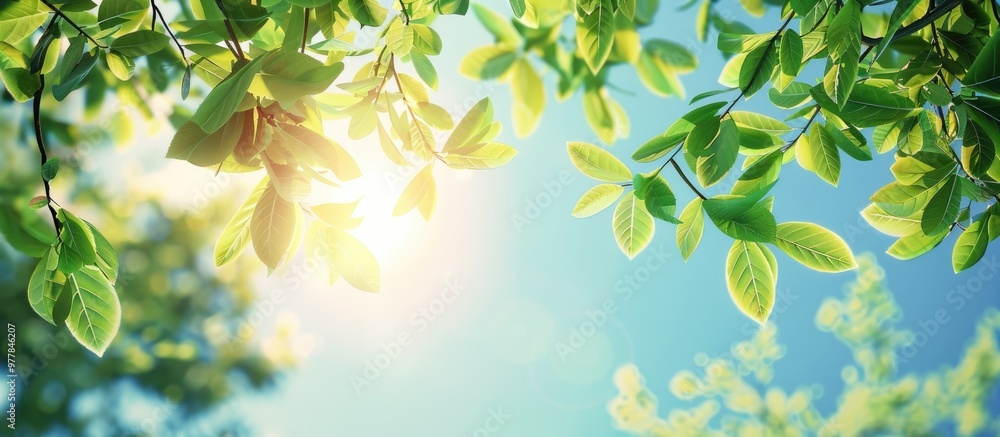 Wall mural tree branch with leaves set against a blue sunny sky summer backdrop with copy space