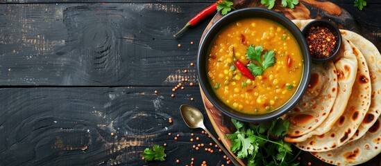 Indian dal dishes Masoor Dal or Dal Tadka Curry along with homemade Flatbread Chapati Traditional Indian lentil soup Indian Dhal spicy curry in a bowl with spices and herbs set against a rustic black