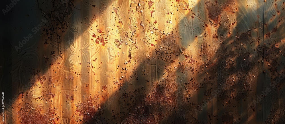Aufkleber the rusty metal sheet illuminated with solar light. copy space image. place for adding text and desi