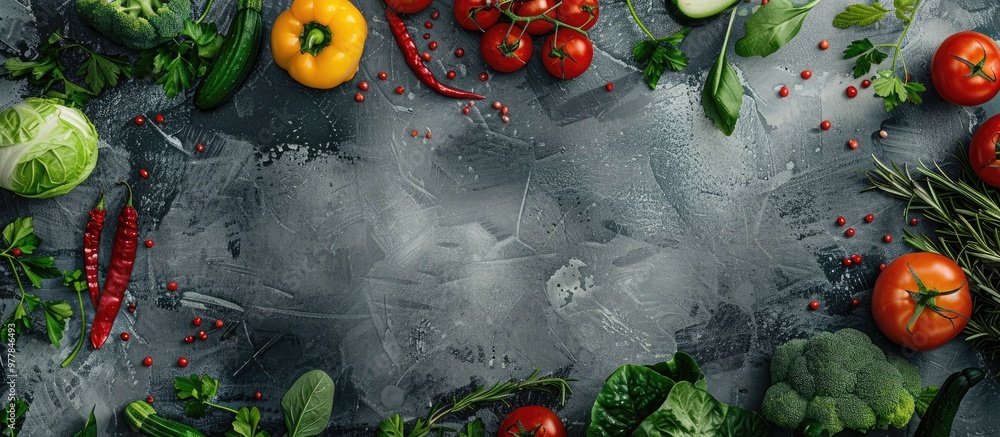 Poster assortment of vegetables and fruits on a rustic backdrop top view horizontal border vegan cuisine or