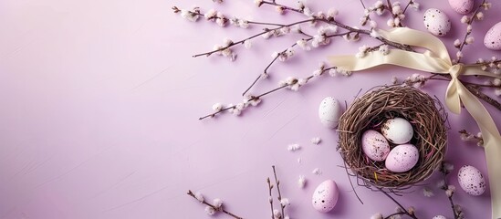 Easter arrangement featuring willow branches a nest and eggs adorned with a white ribbon on a very peri purple backdrop Happy Easter postcard Top view with copy space Flat lay