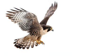 Fototapeta premium A fast falcon in mid-dive on a white background with copy space, wings tucked tightly