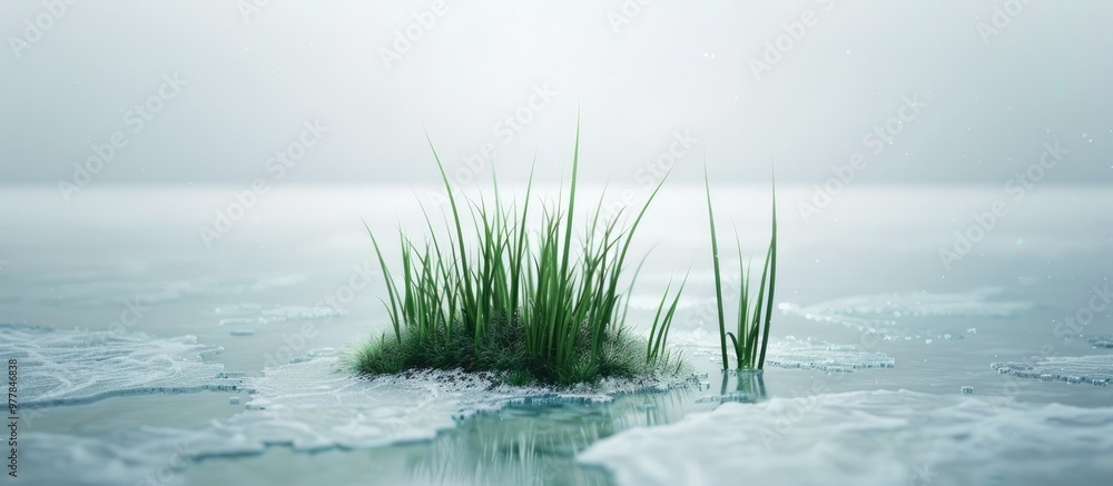 Poster grass in the ice on the lake. copy space image. place for adding text and design