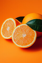 Juicy fresh orange cut halves slices with green leaves against vibrant background, refreshing summer concept wallpaper.