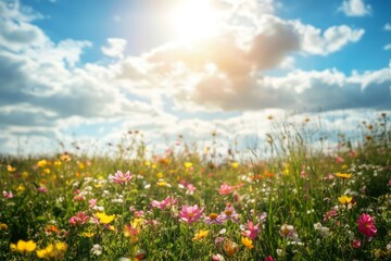 Fototapeta premium Spring meadows in full bloom under the warm sunlight a captivating nature photography scene