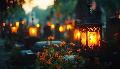Serene cemetery scene  illuminated graves adorned with lamps in subdued hues reflecting faith