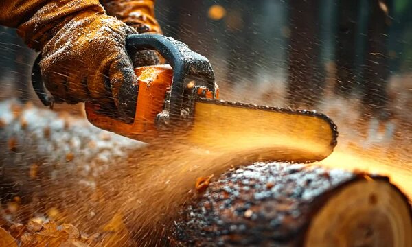 Close-up of woodcutter sawing chain saw in motion, sawdust fly to sides. Chainsaw in motion. Hard wood working in forest.